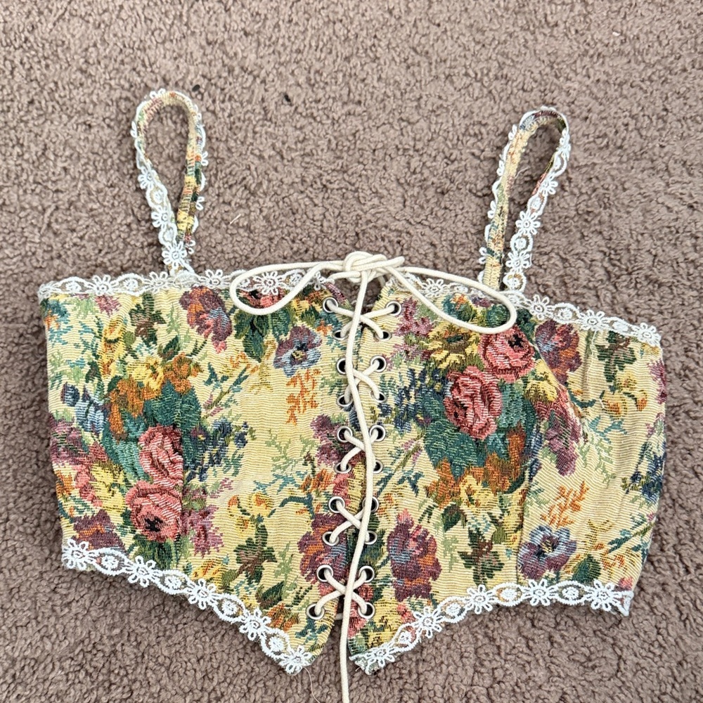 Cider Floral Lace-Up Crop Top - Multicolor